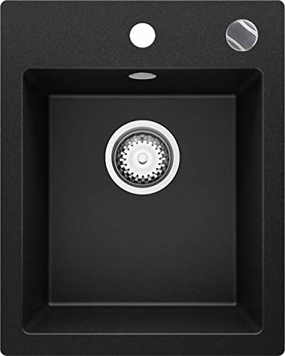 Granitspüle Schwarz 40x50 cm, Spülbecken + Ablauf-Set (Drehknopf), Küchenspüle für 40er Unterschrank, Einbauspüle von Primagran Cover