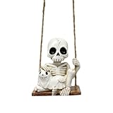 Halloween Resin Skeleton Swing Ornament - Animated Skeleton with Black Cat Figure, Hanging Decor for Tree Wall Garden - Spooky Fun Festival Decor Prop