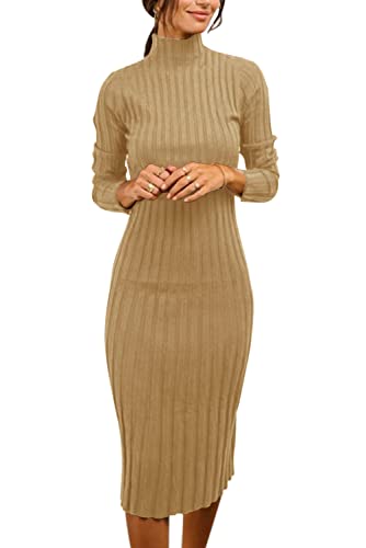 Image of MEROKEETY Women's Long Sleeve Sweater Dress 2025 High Neck Slim Fit Ribbed Knit Midi Winter Dresses