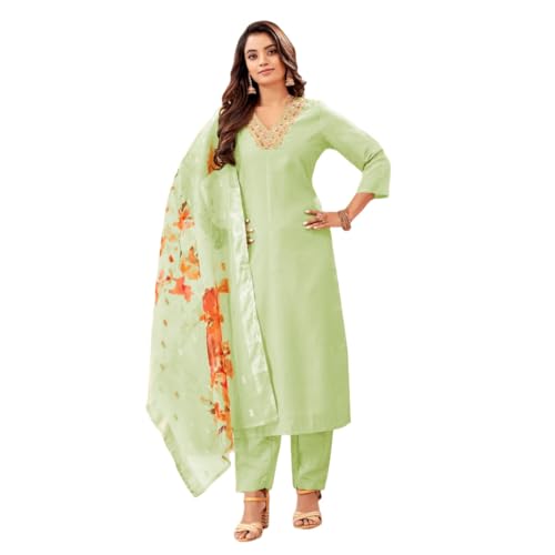 Image of SHIENZY Cotton Blend Embroidered V Neck Kurta Set for Women | Straight Fit Kurta with Pants & Dupatta | Casual Office Wear Ethnic Kurti for Women
