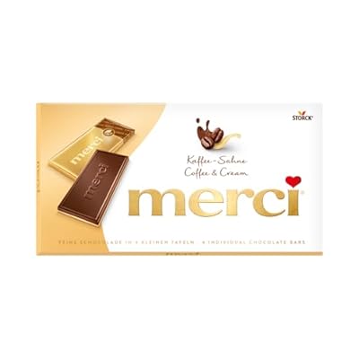 Merci Café Crema  4 mini barras de chocolate - 100gr ": CHOCOLATE EDEL crema de café  57%  DE CHOCOLATE BLANCO  43%  DE -