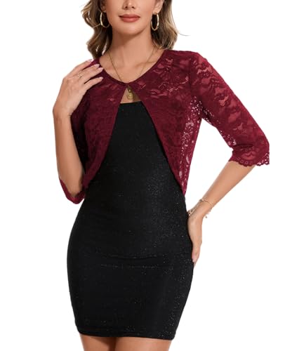 Image of MINTLIMIT Women's Elegant Floral Lace Shrug Bolero Summer Lightweight 3 /4 Sleeve Hook Open Front Cropped Cardigan for Dresses