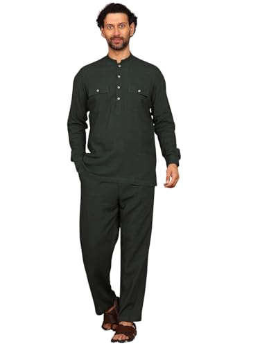 Image of See Designs Men's Full Sleeve Mandarin Collar Linen Solid Pathani Set