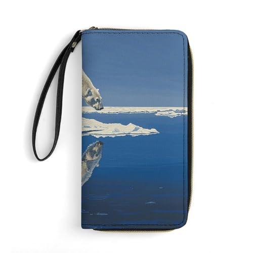 Womens Leather Wallets Standing on Ice Floe Wallet for Women Large Capacity Card Phone Holder Ladies Purse with Wriststrap