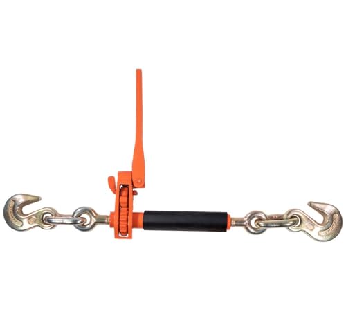 Image of Mytee Products 8 Pack 3 /8 inch - 1 /2 inch Hi-Viz Orange Quick Folding Handle Ratchet Load Binder with Grab Hook 12,000 lbs WLL | Tie Down Hauling Chain Binders for Flatbed Truck Trailer
