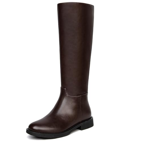 Image of Women's Knee High Boots Flat Round Toe Low Heel Tall Boots Side Zipper Fall Riding Long Boot