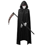 Paquete: capa reaper de 185 cm, guadaña de 100 cm * 30 cm, toalla facial de calavera, guantes de calavera