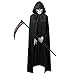 O-Kinee Déguisement faucheur Halloween Ensemble de vêtements Cape à Capuchon Noire, Une Faucille rouillée, des Gants de crâne, Une Serviette pour Le Visage du crâne, Halloween Carnaval