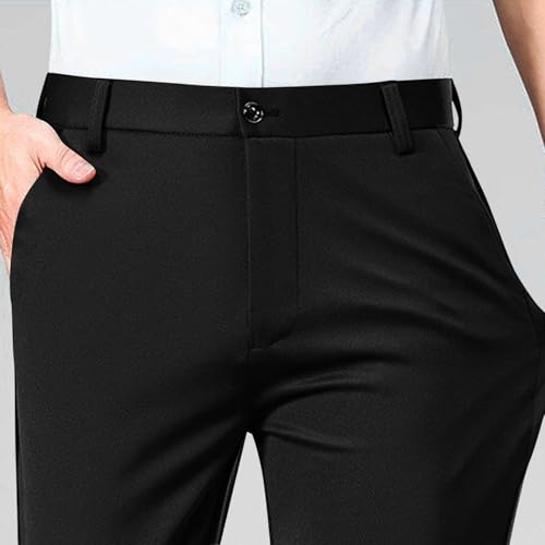 Men's Button Suit Pants Straight Solid Color Fitted Long Trousers Elastic Waist Breathable Business Dinner Pants3