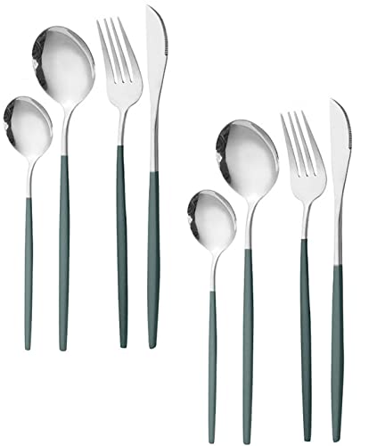 Image of Stainless Steel Flatware Set - Mirror Polished Cutlery for Dinner, Kitchen Utensil with Fork, Spoon, Knife Silverware Tableware Lunch Box(Green-Blue, Set of 8)
