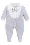 Lilax Baby Boy Gentleman Tuxedo Footie, Christmas Holiday Outfit with Bow Tie, Formal Wedding Long Sleeve Rompers (Gray,0-3 Months)