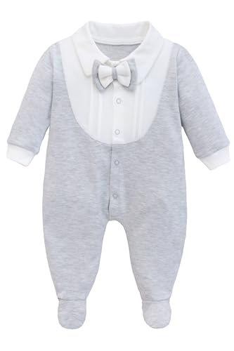 Image of Lilax Baby Boy Gentleman Tuxedo Footie, Christmas Holiday Outfit with Bow Tie, Formal Wedding Long Sleeve Rompers