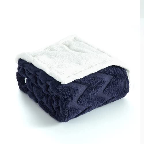 Faironly Sherpa Fleece Blanket Double-Sided Thick Throw Blanket Queen Size Soft Jacquard Fluffy Throw Blanket Reversible Cozy Warm Blanket For Couch Sofa, 60"X 80", Navy #TOP4