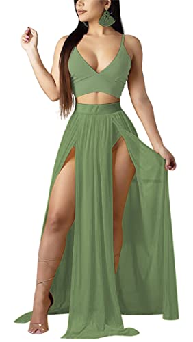 Image of Women Sexy 2 Piece Outfits Dress Chiffon Strap Deep V Neck Bra Crop Top High Split Maxi Dresses Skirt Set