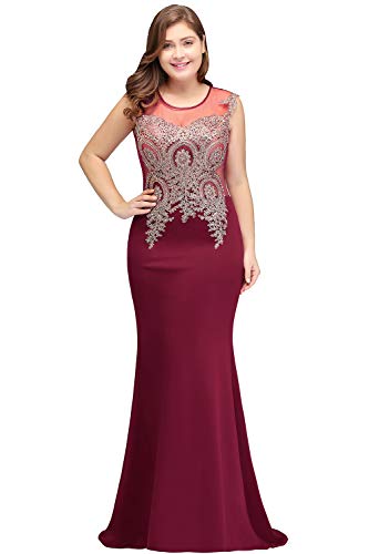MisShow Women's Rhinestone Long Lace Mermaid Evening Dresses,Burgundy,Size 14
