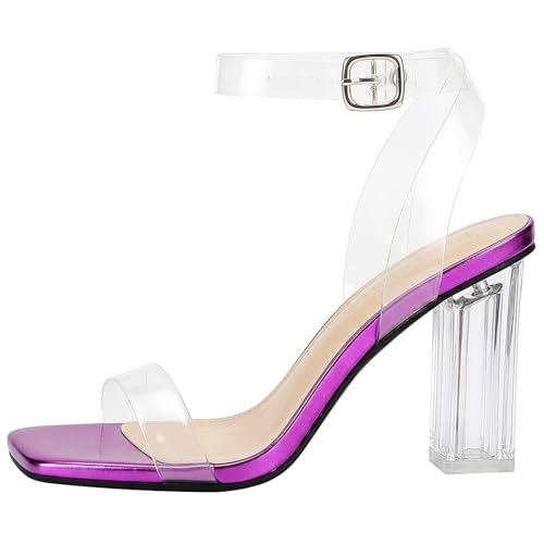 Image of Women's Clear Chunky Block Heeled Sandals 3.74 Inches Open Toe Ankle Strap Block High Heel Sandal Dress Dancing Sandals Daily Work Party Shoes