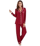 WiWi Women's Pajamas Set Super Soft Button Down Top and Pants Sleepwear Cooling Viscose from Bamboo Pjs S-3X, Wine Red, XX-Large