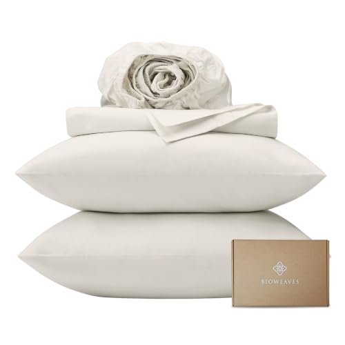 BIOWEAVES 100% Organic Cotton Sheets, 300 Thread Count 3-Piece GOTS Certified Bed Sheet Set Fits Mattress Upto 17" Deep Pocket, Soft & Silky Sateen Weave (Cal King, Cream)