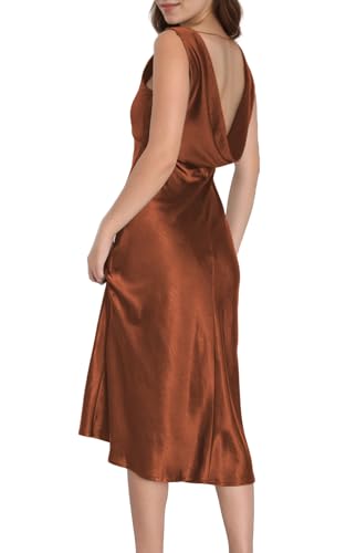 Image of Summer Satin V Neck Backless Midi Dresses for Women 2025 Silky A line Formal Low Back Sleeveless Wedding Guest Long Dress