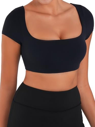 Sunzel Womens Short Sleeve Crop Top with Built in Bra Athletic Yoga T Shirt Casual Fitted Workout Gym Active Tee with Padding3