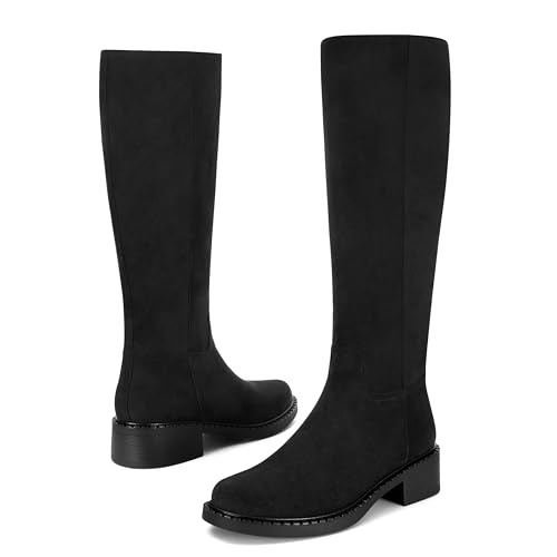 Image of Dsevht Black Knee High Boots for Women Faux Leather Elastic Low Heel Round Square Toe Side Zipper Fall Long Tall Boot
