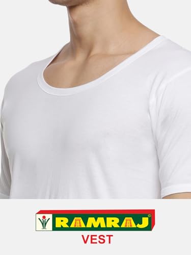Image of RAMRAJ COTTON Pack of 4 Men's White Round Neck Half Sleeve Cotton Undershirt Vest(White;85)