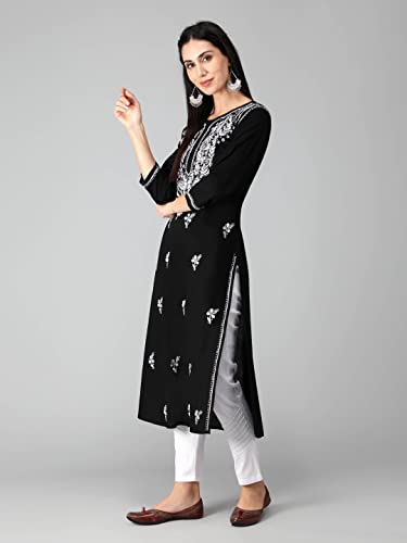 Image of Seva Chikan Hand Embroidered Lucknowi Chikankari Regular Straight Cotton Kurta Kurti for Women SCL4243