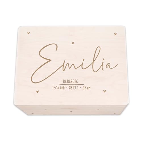 hellomini Personalisierte Erinnerungsbox aus Holz • Gravierte Aufbewahrungsbox mit Namen & Geburtsdaten • Geschenk zur Geburt, Taufe & Geburtstag • Hochwertige Baby-Erinnerungskiste (Herzkind)
