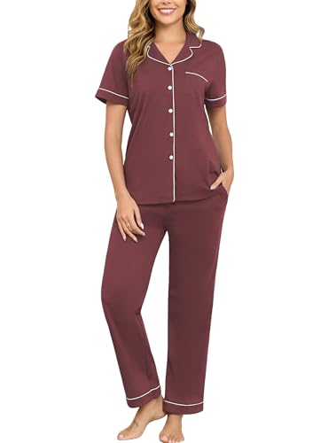 Image of Veseacky 100% Cotton Pajamas for Women Set Short Sleeve Button Down Sleepwear Soft 2 Piece Summer Pjs Lounge Sets S-XXL
