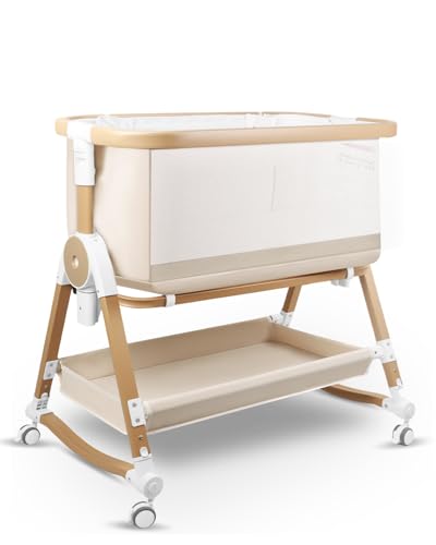 suihuooo 4 in 1 Baby Bassinet, Bassinets Bedside Sleeper with Wheels and Storage Basket, Adjustable 7 Heights Bedside Sleeper with Mosquito Net, Breathable Mesh Rocking Bassinet for Baby