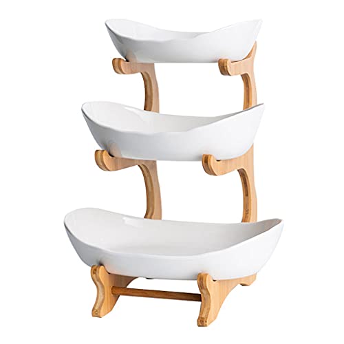 Obstschale Obst Etagere 3 Etagen Bambus Ständer, Snack Bonbon Platte Obstteller Früchtekorb Gemüse Süßigkeiten Regale Obstkorb Aufbewahrung(Color:Weiß) Cover