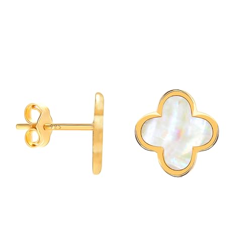 LeCalla 925 Sterling Silver Stud Clover Earrings - Mother of Pearl 14K Gold-Plated Stud Earrings | Silver MOP Flower Shape Four Leaf Clover Designs CZ Stud Earring for Women4