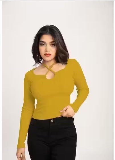 Image of Gampy Women's Lavender Long Sleeve Top, Criss-Cross Neck Design, Ribbed Knit Fitted Casual