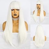 Anogol Hair Cap+High Temperature Long Natural Wavy Wigs White Synthetic Wig With Bangs Hair For Cosplay
