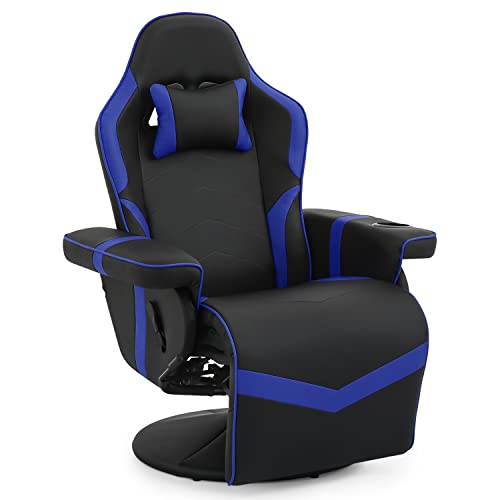 Monibloom Reclining Gaming Chair Ergonomic Game Recliner Chair Adjusted Pu Leather Reclining Video Gaming Single Sofa With Retractable Footrest, Swivel Theater Seating Gaming Couch W/Cup Holder, Blue #TOP25