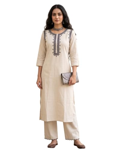 Image of Leriya Fashion Women's Cotton Kurta Pant Set | Cotton Kurta Sets for Woman | Round Neck 3 /4 Sleeve Regular Fit Straight Kurti | Office Wear Kurti Set for Women Casual