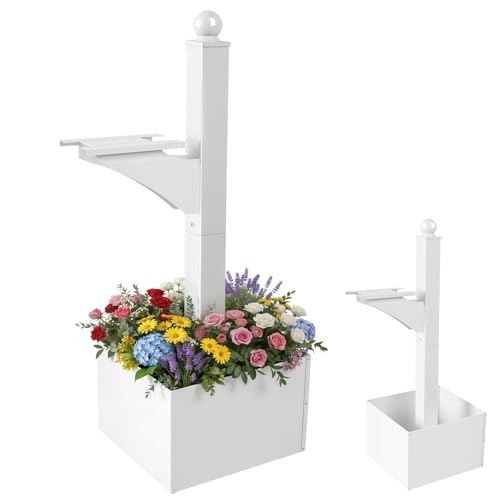 Colingmill 1 Set Iron Mailbox Posts with Planter Box for Outside 56 Inch / 4.6 ft Tall Decorative Mount with Flower Box Heavy Duty Architectural Post(White)