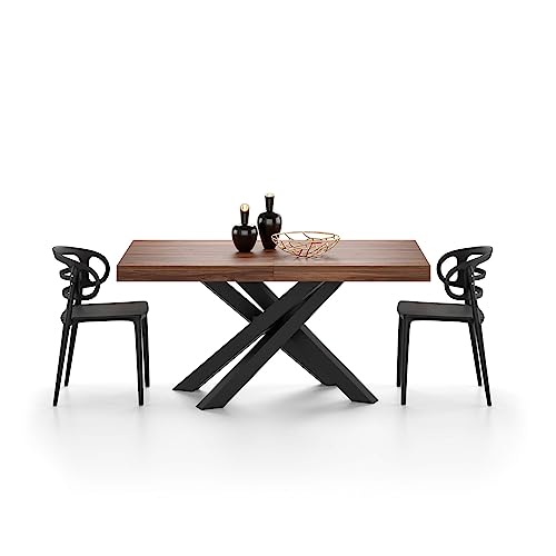 Mobili Fiver, Emma 160 Extendable Dining Table, Walnut With Black Crossed Legs, Made In Italy #TOP4
