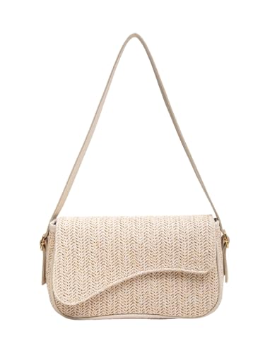 QWINEE Bolsas femininas de palha nas axilas, bolsas de ombro com aba boho, alça superior, bolsa de verão e férias na praia, Bege, One Size