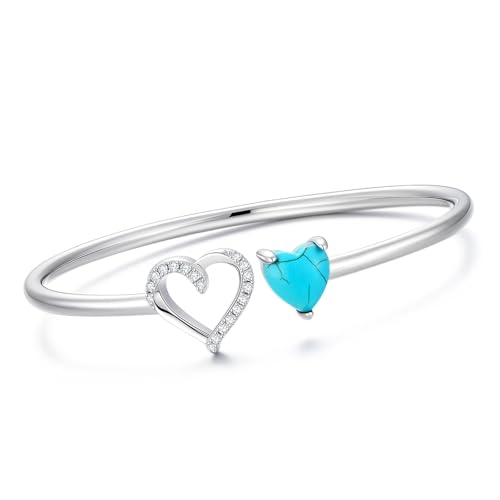 Genuine Turquoise Heart Bracelet, Sterling Silver Native American Dainty Bangle Adjustable Cuff Jewelry for Women, Fit for 6.5 7 7.5 Inches