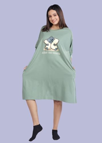 Image of LAMA STORE Women's Printed Oversized T-Shirt Dress, Cotton, 3 /4 Sleeve Length, Casual Loose Fit, Comfort Wear Extra Comfy Oversized Printed Pocket T-Shirt Dress