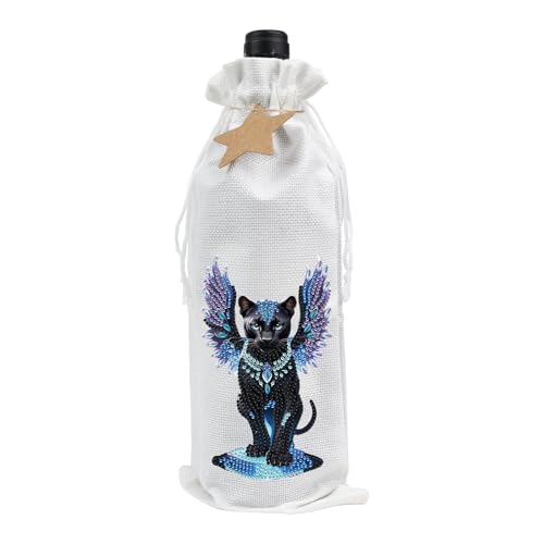 Image of 5D Diamond Painting Wine Bag, DIY Diamond Art Gift Pouch, Handmade Linen Wine Bottle Holder, Black Panther with Wings Design Decorative Champagne Wrapping for Holiday Party and Festive Gifts