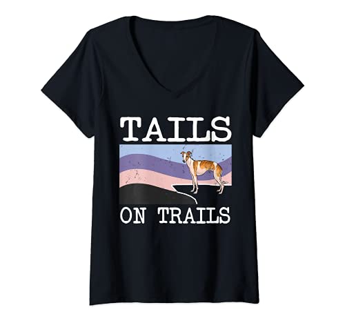 Womens Whippet Tails On Trails Funny Dog Hiking V-Neck T-Shirt, Black
