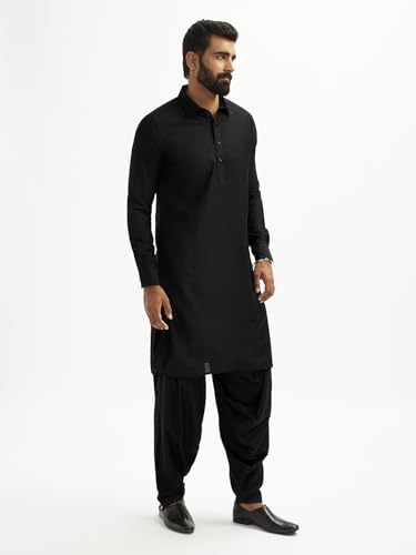 Image of VASTRAMAY Men's Black and White Viscose Pathani Kurta Set, Traditional Pathani Khan Suit Set in Viscose Fabric, and Salwar Patiala Pyjama for Weddings & Festival, Ethnic Outfit | Independence Day
