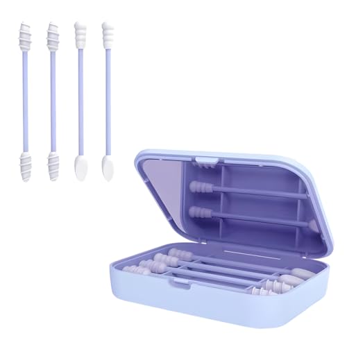 KIRZAX 4 Pcs Bastoncillos Oidos Cotton Swab Reutilizable,Bastoncillos Maquillaje, con Espejo,Espiral de Doble Extremo Bastoncillos Reutilizables,para la Limpieza del Oído Maquillaje(Azul)