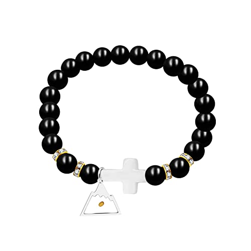 Image of Uloveido Black Agate Side Cross Bracelet Mustard Seed Charms, Personalized Letter A-Z Tiger's Eye Bangle Y944