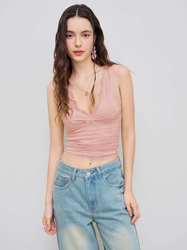 Image of CIDER Lace Crop Tank Tops for Women Going Out V Neck Sleeveless Ruched Tops Trendy Y2K Summer Outfits
