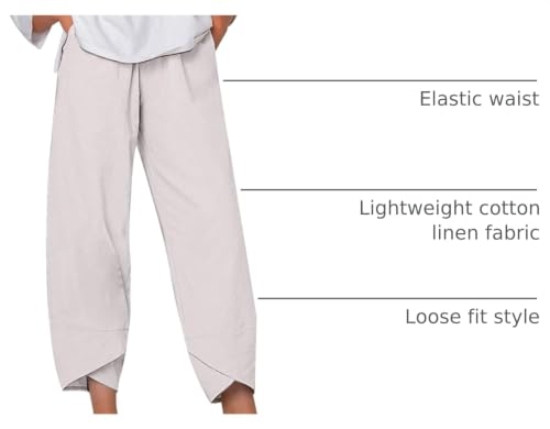 Image of Womens Cotton Linen Capri Pants Casual Elastic Printed Ankle Pants | Cotton Linen Capri Pants for Women 2025 Casual Printed Cropped Palazzo Pants Elastic Waist Lounge Baggy Trousers