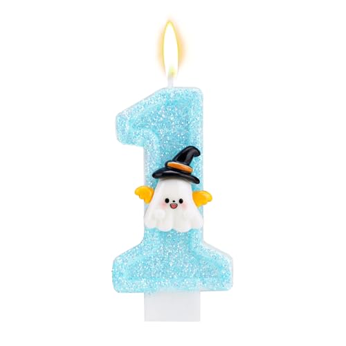 Vela de Primer Cumpleaños, Velas de Halloween para Primer Cumpleaños Diseño Fantasmas Brillantes para Decorar Tartas Niños (Azul)
