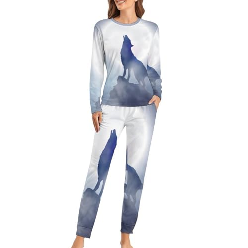 Pyjama femme Loup De La Lune Blanche contre le froid nocturne avec pantalon et t-shirt manches longues